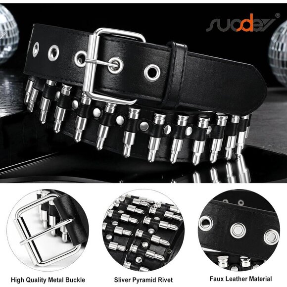 Black Studded Belt Silver Metal Grommet Punk Rock Style for Men Women - Picture 4 of 8